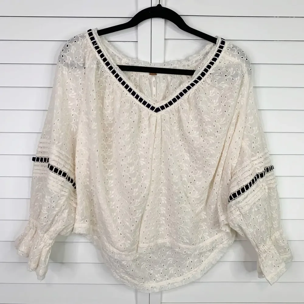 Free People Darcy Eyelet Blouse Top XS 100% Cotton Ladder Trim Puff Sleeve Ivory